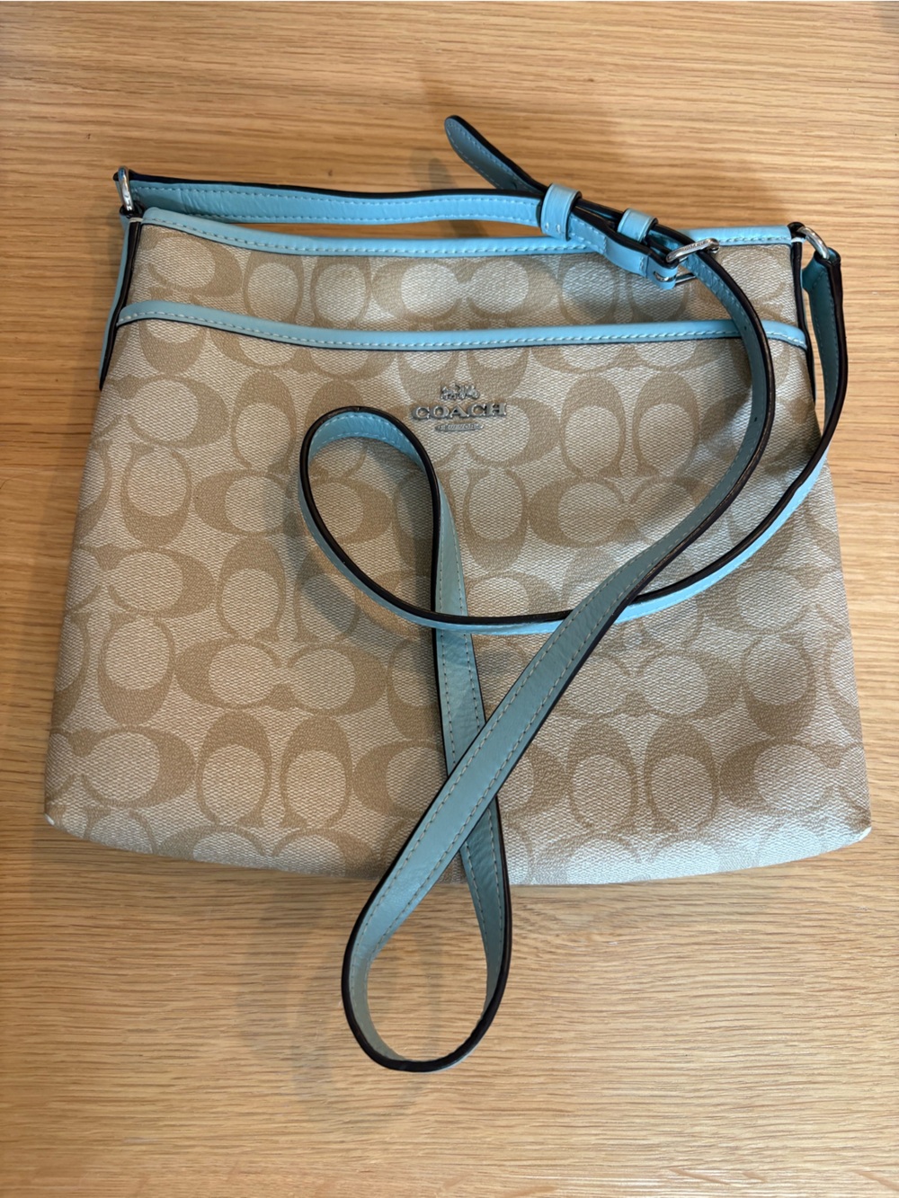 Coach Khaki Signature Canvas Crossbody with Blue Trim